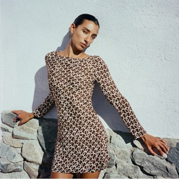 Realisation Par Rainey Silk Long Sleeve Bias Slip Mini Dress Brown Landline - Picture 1 of 11